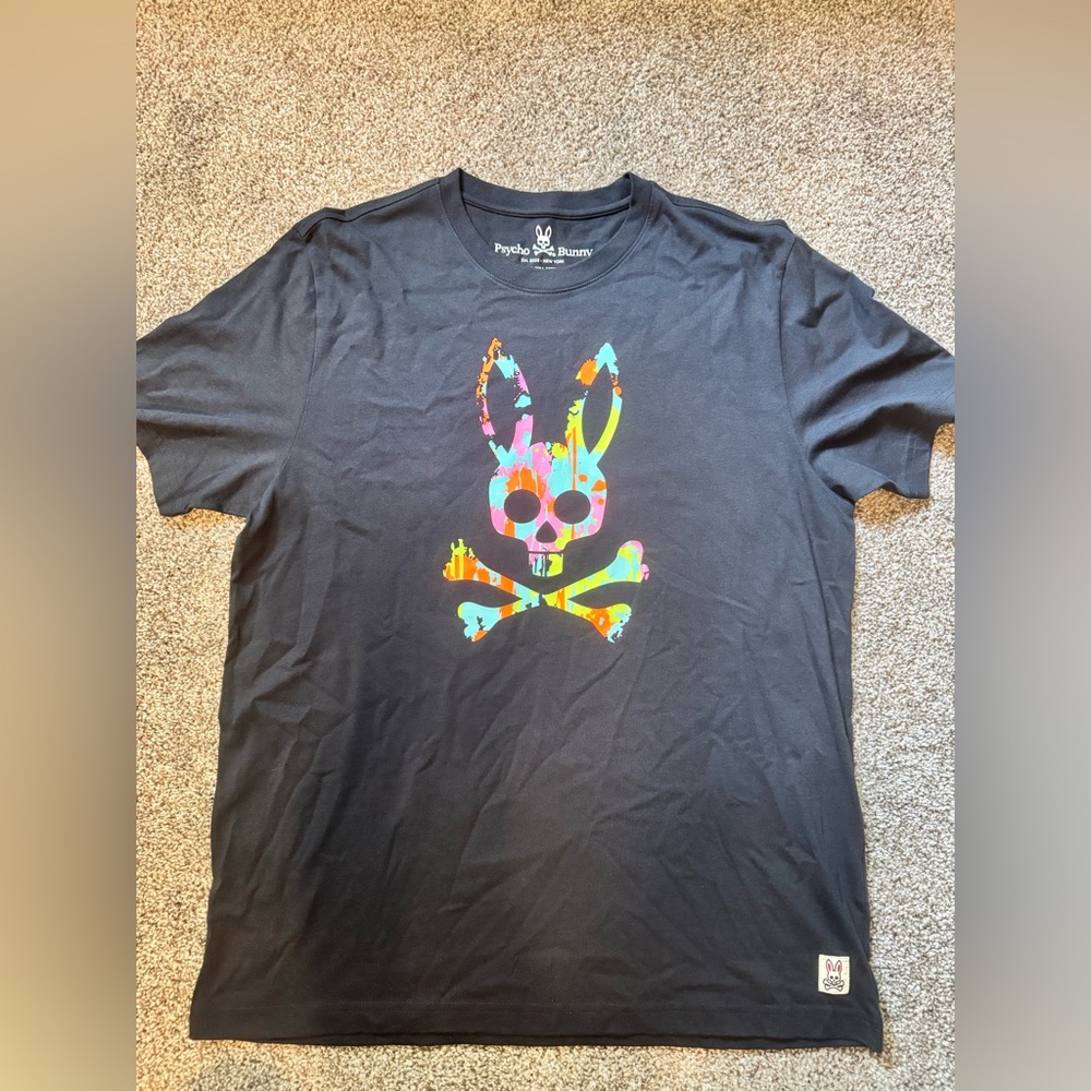 Psycho Bunny Logo Graphic T-Shirt Black Paint Splatter Skull 100% Pima Size 6 L